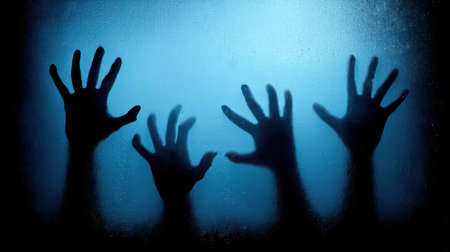 This haunting image features eerie silhouettes of zombie hands scratching at fogged glass, creating an unsettling mood perfect for horror-themed projects or artworks.の素材