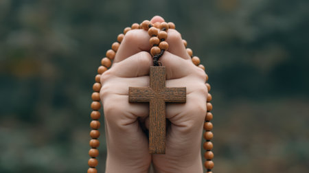 A serene image of a wooden cross rosary gripped tightly in hands, set against a softly blurred background, reflecting themes of faith and devotion.の素材