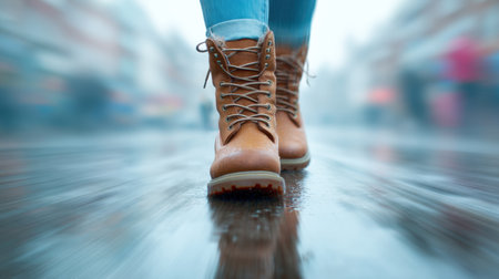 A close-up view of a person walking in stylish brown boots along a wet city street, creating a dynamic scene filled with motion and vibrancy under rainy weather.の素材