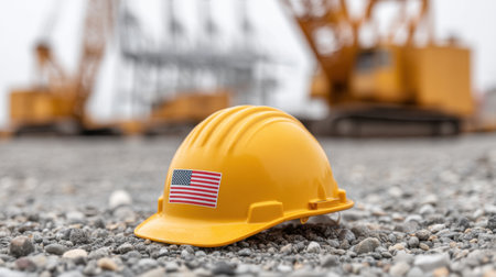 A yellow hard hat displaying the American flag rests on a gravel surface, softly focused with construction cranes in the background, showcasing a dynamic construction environment.の素材