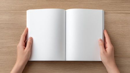 A person holds an open blank book with empty pages on a wooden desk, providing a perfect canvas for creativity, note-taking, or journaling, inviting inspiration.の素材