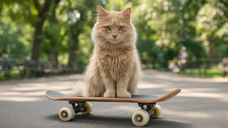 A charming fluffy orange cat confidently sits on a skateboard in a sunlit park path, showcasing its playful spirit and unique talent against a vibrant summer backdrop.の素材