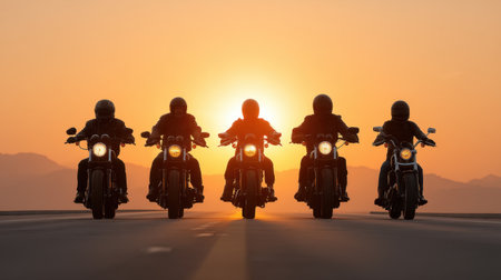 A captivating shot of bikers riding into a stunning sunset, creating powerful silhouettes against the vibrant sky. A perfect scene for adventure and camaraderie.の素材
