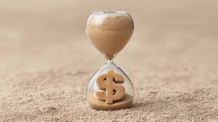 A creative depiction of an hourglass containing sand shaped like a dollar sign, illustrating the importance of managing time and finances effectively for wealth creation.の素材