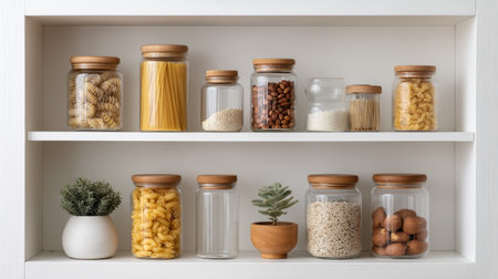Discover a stylish and modern kitchen storage solution with neatly arranged jars in a white cupboard, featuring various ingredients for an organized cooking space.の素材