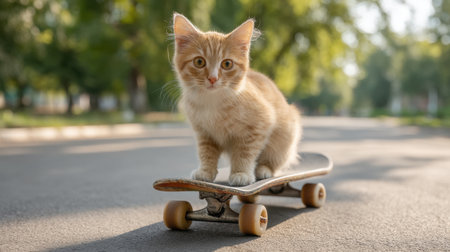 A charming cat skillfully balances on a skateboard in a sunny park, surrounded by lush greenery. This adorable scene captures the playful spirit of mischievous pets enjoying summer days outdoors.の素材