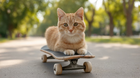 A charming scene featuring a cat casually lying on a skateboard in a sunlit park. This playful moment captures the essence of summer joy and outdoor fun.の素材