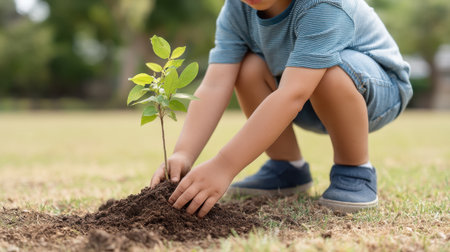 A young child is joyfully planting a sapling in the warm sunshine, surrounded by vibrant green grass, emphasizing a connection with nature and the importance of nurturing the environment.の素材