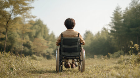 A serene outdoor moment showing a person in a wheelchair, basking in the sunlight amidst greenery, capturing the essence of tranquility and connection with nature.の素材