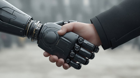 A symbolic handshake between a human and a robot showcases the cooperation and unity essential in the rapidly evolving landscape of artificial intelligence.の素材