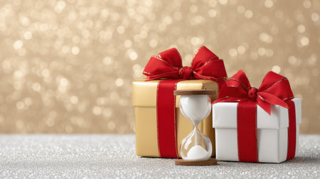 Delightful scene featuring beautifully wrapped gifts with red bows and an hourglass, set against a sparkling background, perfect for holiday celebrations and special moments.の素材