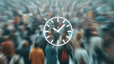 This abstract image showcases blurred passengers in motion, merged with an overlay of a clock, symbolizing the fast-paced environment of daily life and the passage of time.の素材