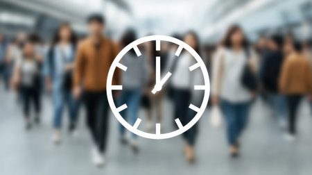 Discover the essence of urban life with this blurred image of passengers in motion, accentuated by a clock overlay capturing the essence of time in a bustling environment.の素材