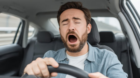 A tired driver demonstrates evident fatigue and distraction behind the wheel, showcasing the importance of alertness while driving. Ideal for safety campaigns.の素材
