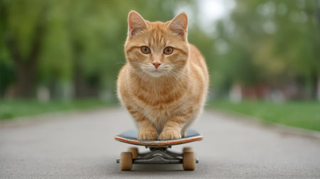 An adorable orange cat expertly balances on a skateboard in a sunny park, showcasing a playful spirit amidst lush greenery and bright skies. Perfect for cat lovers!の素材