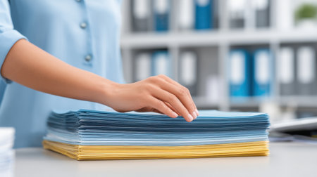 A female employee organizes business files on a desk, carefully managing stacks of colorful paperwork in a bright, modern office setting, showcasing professionalism.の素材
