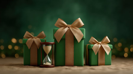 Discover a beautifully arranged scene featuring green wrapped boxes with elegant ribbons alongside an hourglass, perfect for evoking holiday spirit and joy.の素材