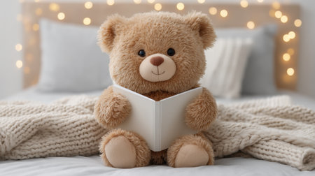 A delightful teddy bear sits on a plush bed, holding a storybook amidst twinkling fairy lights, creating a warm and inviting atmosphere perfect for cozy reading moments.の素材