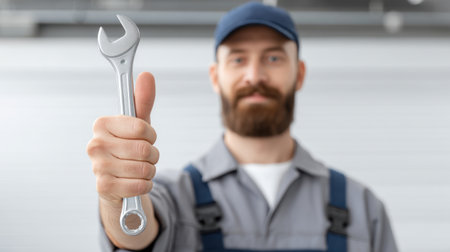 A mechanic in uniform holds a wrench and shows a thumbs-up gesture, embodying positivity and professionalism in a well-equipped workshop environment.の素材