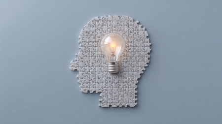 A striking image of a human head silhouette constructed from puzzle pieces, featuring an illuminated light bulb. This artwork symbolizes creativity and innovative thinking.の素材