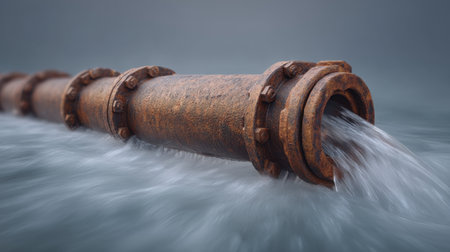 A macro shot captures the dynamic motion of fast moving water flowing from a rusty sewer pipe, highlighting urban infrastructure and the beauty of industrial design.の素材