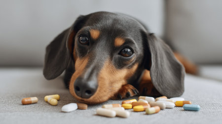 A charming close-up of a dachshund resting on a soft surface, surrounded by various scattered medications, highlighting pet care and health awareness in a cozy home setting.の素材