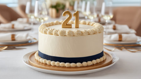 A beautifully designed 21st birthday cake sits on a stylish table, featuring creamy frosting and decorative elements, perfect for celebrating a special milestone with friends and family.の素材