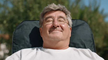 A cheerful wheelchair user relaxes outdoors, basking in the warm sunlight with a broad smile. The warm day creates a serene and joyful atmosphere, highlighting comfort.の素材