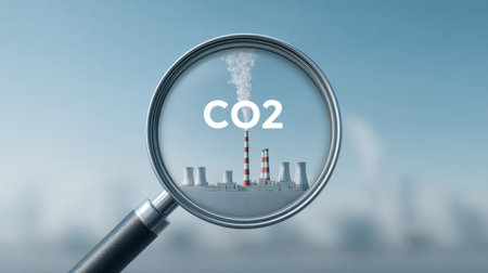A magnifying glass highlights the concept of CO2 reduction, focusing on industrial pollution with factories emitting smoke against a serene backdrop.の素材