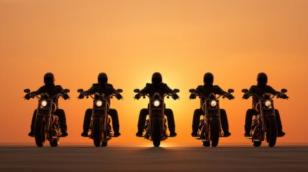 A powerful image of a biker crew riding their motorcycles at sunset, showcasing themes of freedom and unity while silhouetted against a vibrant golden horizon.の素材