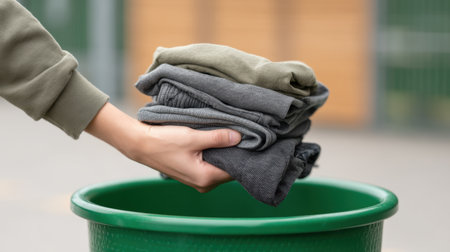 A person is dropping a neatly stacked pile of clothes into a green bin, highlighting actions related to recycling and donation in an open area.の素材