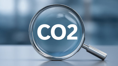 This image illustrates the concept of carbon dioxide capture through a magnifying glass, emphasizing scientific exploration in a laboratory setting.の素材