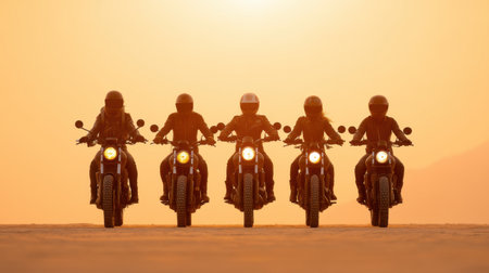 A captivating scene featuring a group of bikers riding their motorcycles at golden hour, capturing the spirit of freedom and unity against a warm, glowing backdrop.の素材