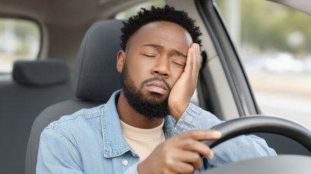 A man leans back with half-closed eyes against the steering wheel of a car, conveying a moment of calmness and contemplation amidst daily life.の素材