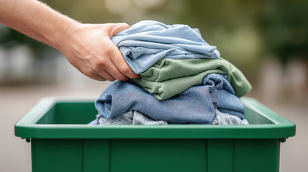 A person is seen dropping a pile of colorful clothes into a green bin, symbolizing clothing donation and recycling efforts in an outdoor environment.の素材