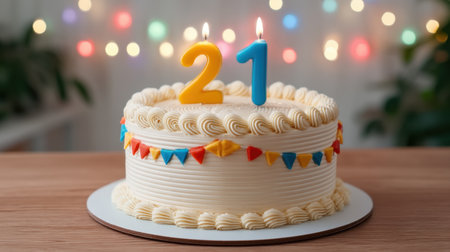 A beautifully decorated 21st birthday cake featuring colorful candles and vibrant decorations, set against a festive backdrop, perfect for celebrating a milestone event.の素材