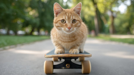 A charming orange cat skillfully balances on a skateboard in a sunny park filled with greenery. Perfectly capturing a fun, playful moment of outdoor joy.の素材