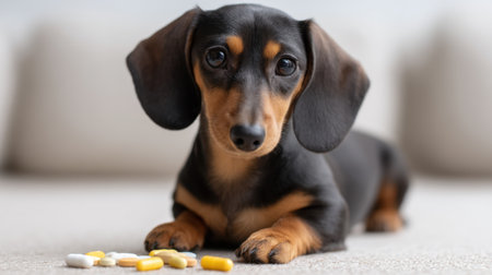 A charming dachshund resting indoors, with medication nearby. The image captures the essence of pet care and a cozy home atmosphere, highlighting health and comfort.の素材