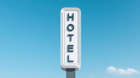 A bold hotel signage stands prominently against a clear blue sky, showcasing modern architectural design elements and inviting visuals in a vibrant outdoor setting.の素材