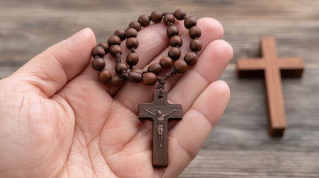 A close-up image of a hand holding a wooden rosary with a crucifix, set against a blurred background featuring a wooden cross, evoking themes of faith and devotion.の素材