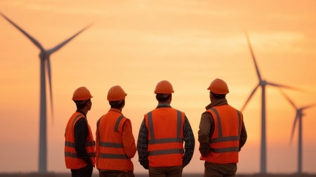 A group of engineers in orange vests and hardhats inspects wind turbines during sunset, highlighting safety and teamwork in the renewable energy sector.の素材