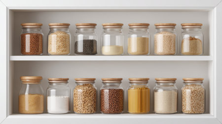 A beautifully organized kitchen cabinet featuring glass jars arranged in neat rows. The simplicity and clarity promote an efficient and aesthetic storage solution.の素材