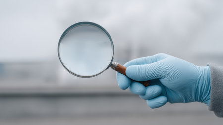 A hand wearing a blue glove holds a magnifying lens, examining a glass surface against a backdrop of carbon dioxide emissions, highlighting the capture process in science.の素材
