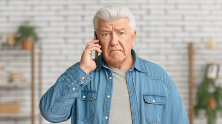 An elderly man with gray hair shows visible disbelief while speaking on his phone. His casual outfit and the brick background enhance the relatable moment of surprise.の素材