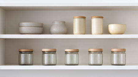 A sleek and modern white cupboard showcases neatly stacked glass containers and bowls. This stylish arrangement emphasizes practical home organization and minimalistic decor.の素材
