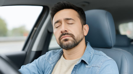 A man sits in a modern car, leaning on the steering wheel with closed eyes, reflecting on a stressful moment while navigating a serene environment.の素材