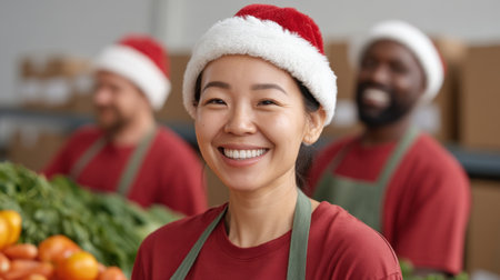 A group of cheerful volunteers smiles while distributing food at a community food bank on Christmas Eve, embodying the spirit of giving and holiday cheer.の素材