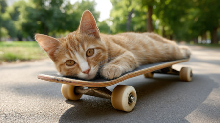 A charming cat enjoys a sunny day, lounging on a skateboard in a lush park. The scene captures the essence of relaxation and fun amidst nature's beauty.の素材