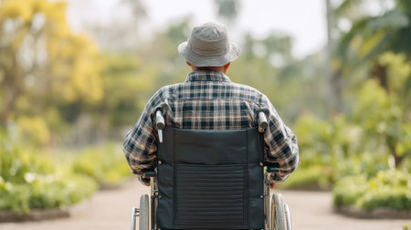 A senior man sits in a wheelchair, enjoying the warmth of sunlight in a lush park, surrounded by vibrant greenery, embodying relaxation and connection with nature.の素材