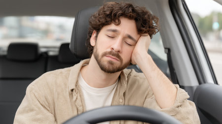 A young man appears exhausted and stressed as he leans on the steering wheel with closed eyes in a car, capturing a moment of fatigue and contemplation during travel.の素材